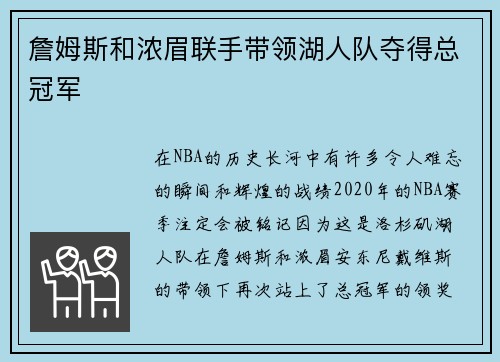 詹姆斯和浓眉联手带领湖人队夺得总冠军